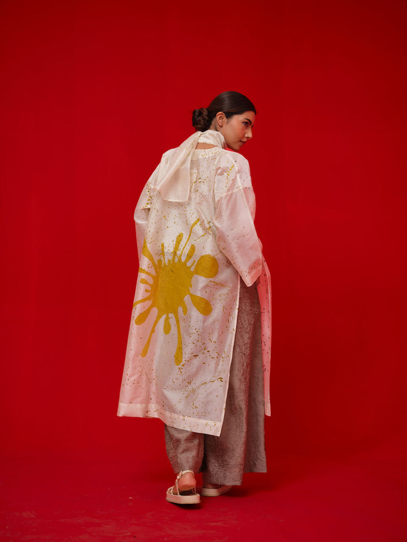 Wander Tunic-Ivory + Black + Mustard silk chanderi tunics/kaftan by Stoique in ivory, black, mustard for women Worldwide