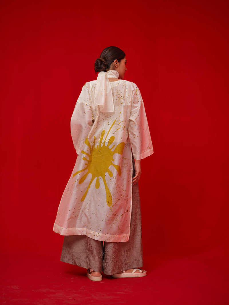 Wander Tunic-Ivory + Black + Mustard silk chanderi tunics/kaftan by Stoique in ivory, black, mustard for women Worldwide
