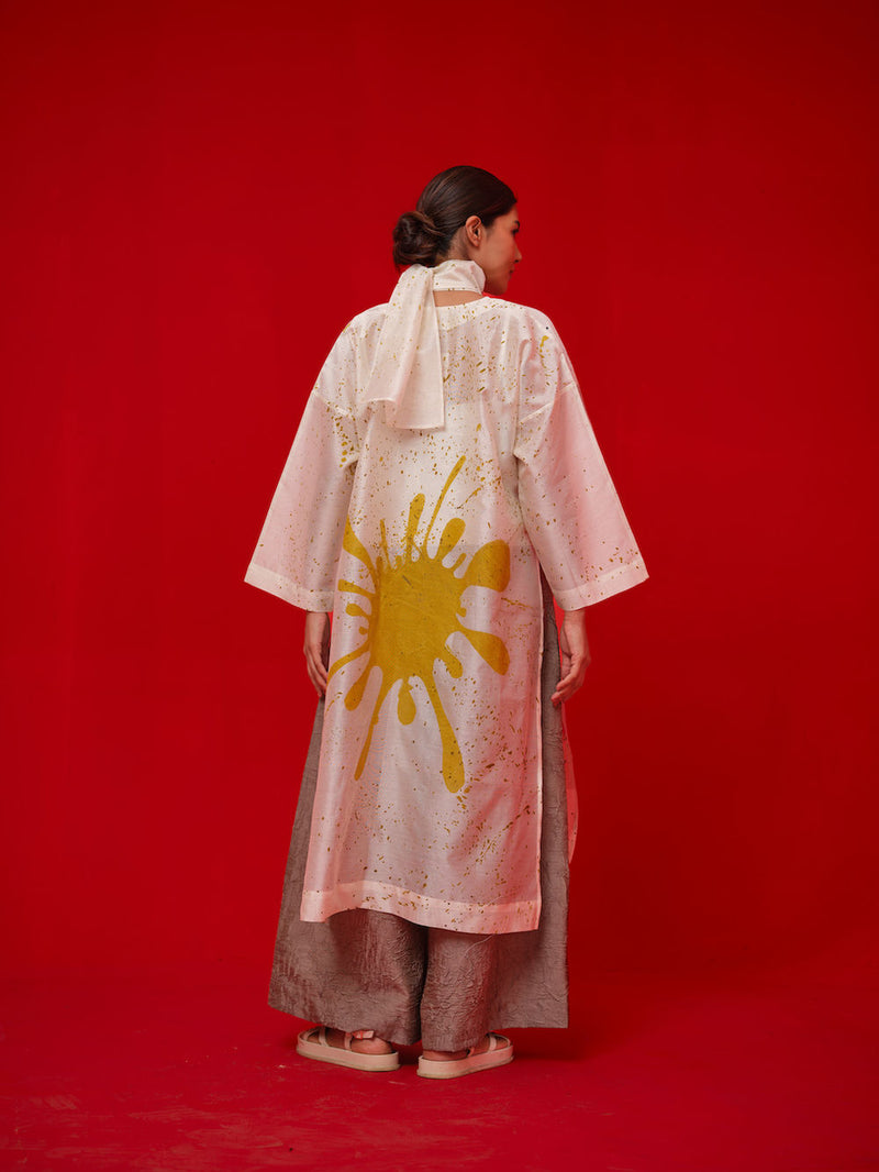 Wander Tunic-Ivory + Black + Mustard silk chanderi tunics/kaftan by Stoique in ivory, black, mustard for women Worldwide