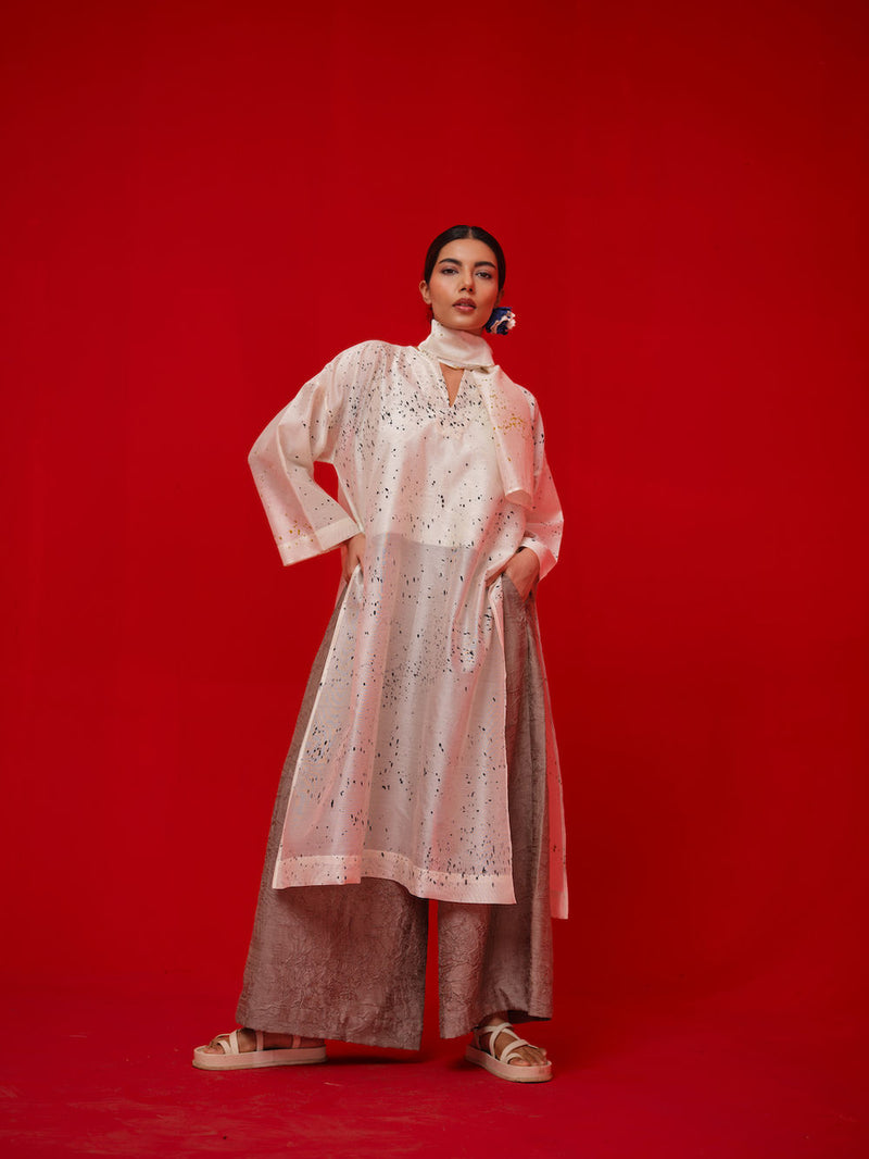 Wander Tunic-Ivory + Black + Mustard silk chanderi tunics/kaftan by Stoique in ivory, black, mustard for women Worldwide