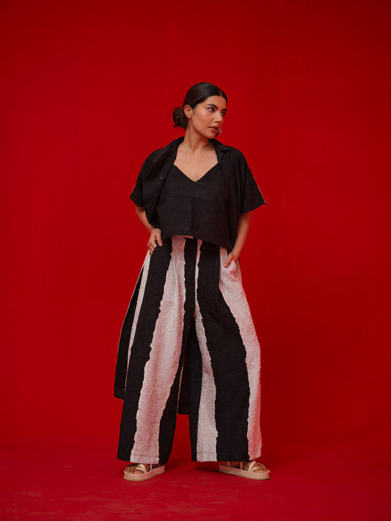 Union Pants-Black + Natural crushed silk pant/trouser by Stoique in black, natural for women Worldwide