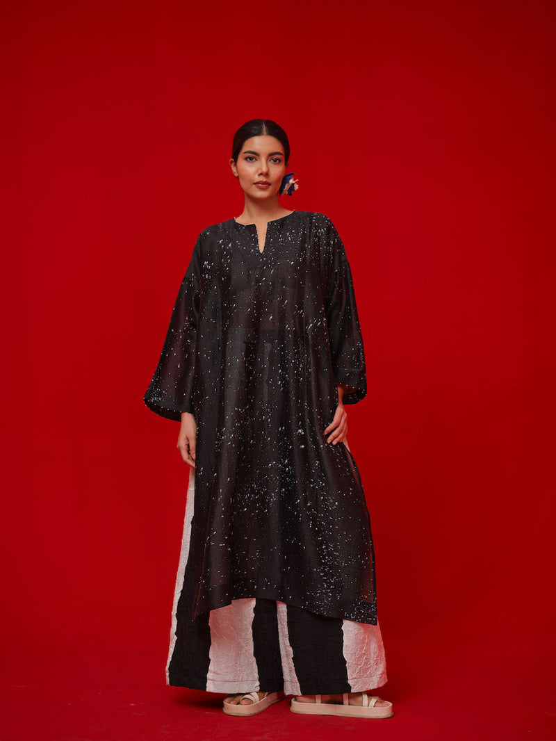 Seek Tunic-Black + Natural silk chanderi tunics/kaftan by Stoique in black, natural for women Worldwide
