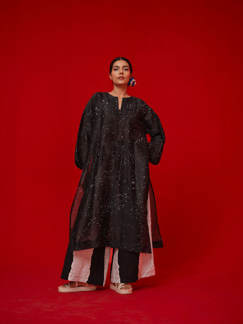 Seek Tunic-Black + Natural silk chanderi tunics/kaftan by Stoique in black, natural for women Worldwide