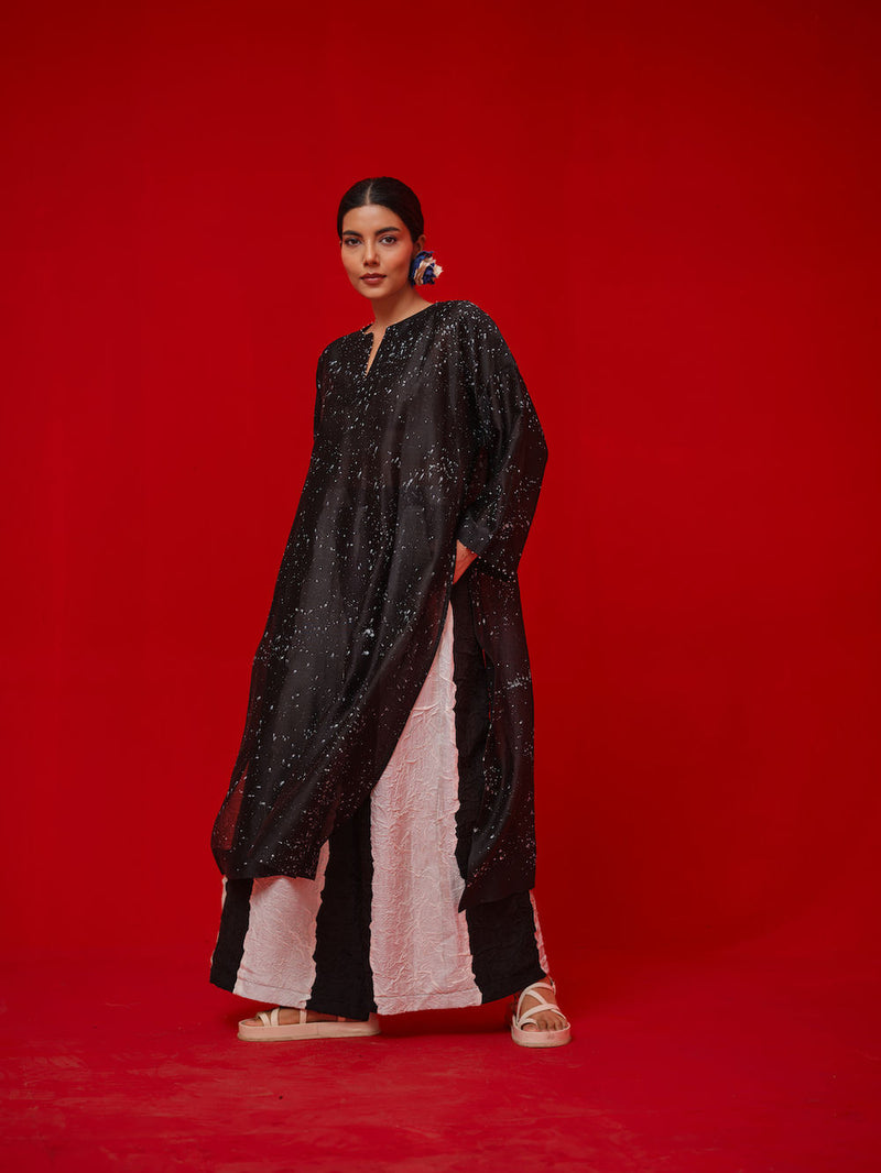 Seek Tunic-Black + Natural silk chanderi tunics/kaftan by Stoique in black, natural for women Worldwide