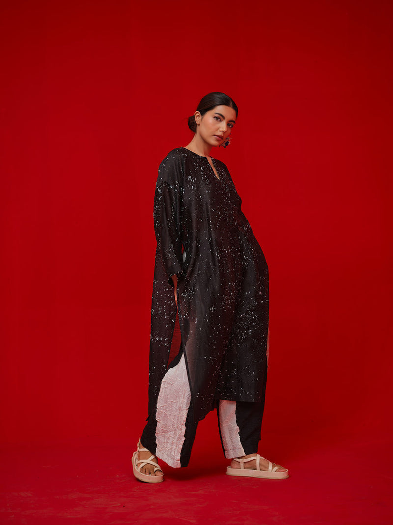 Seek Tunic-Black + Natural silk chanderi tunics/kaftan by Stoique in black, natural for women Worldwide