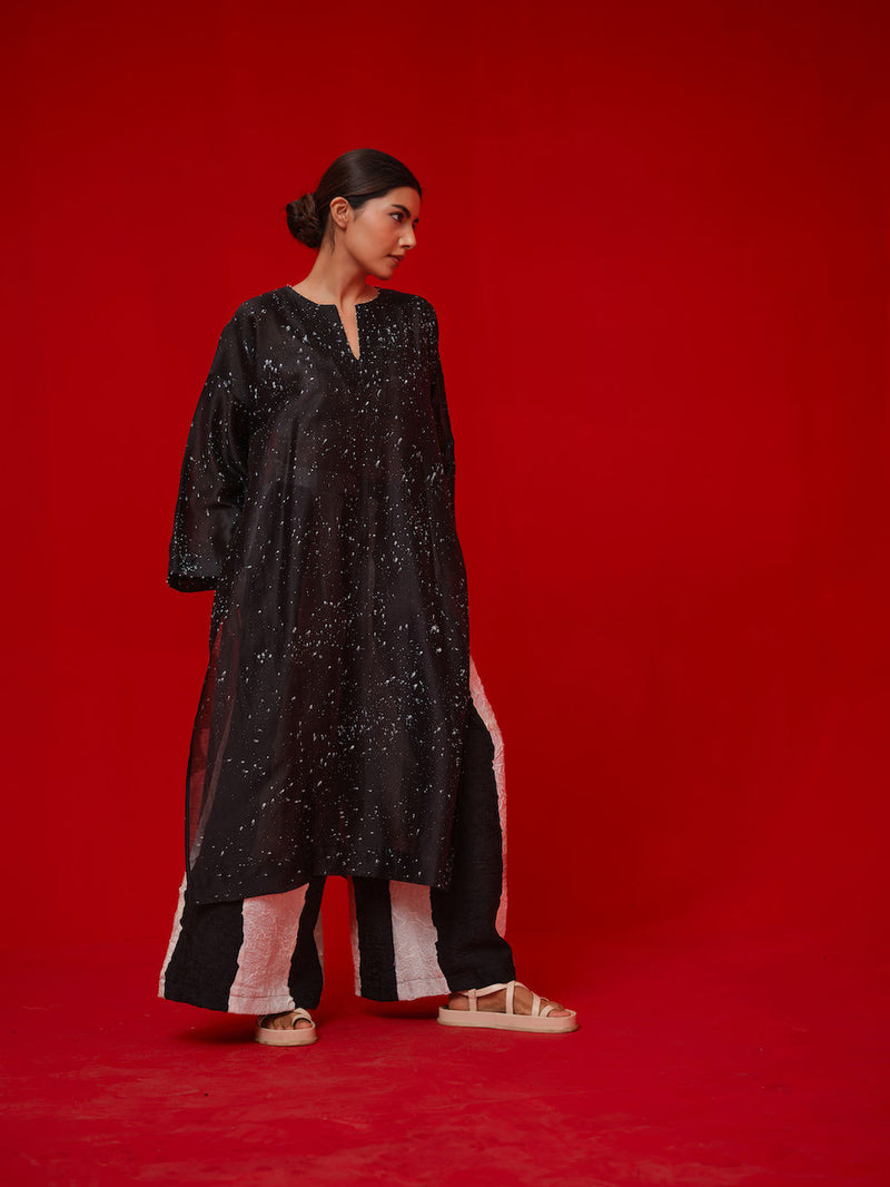 Seek Tunic-Black + Natural silk chanderi tunics/kaftan by Stoique in black, natural for women Worldwide