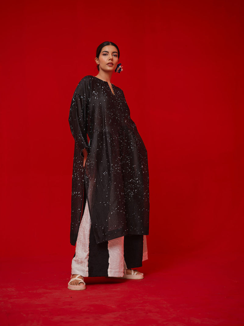 Seek Tunic-Black + Natural silk chanderi tunics/kaftan by Stoique in black, natural for women Worldwide