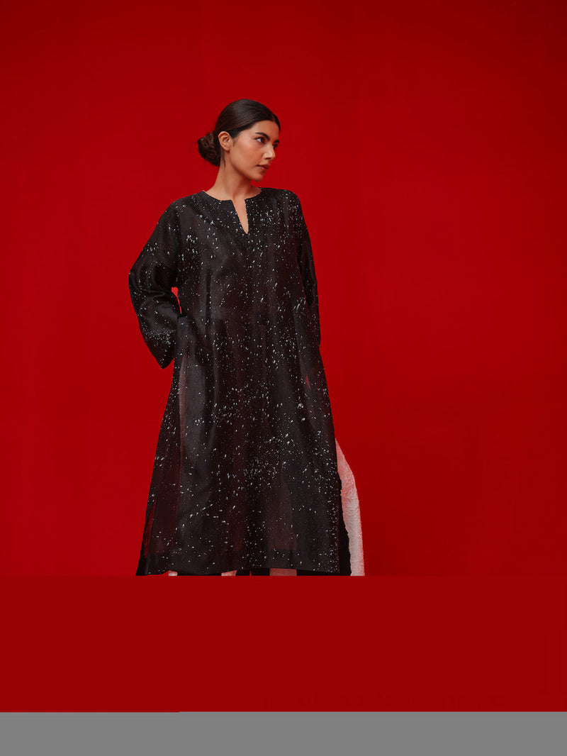 Seek Tunic-Black + Natural silk chanderi tunics/kaftan by Stoique in black, natural for women Worldwide