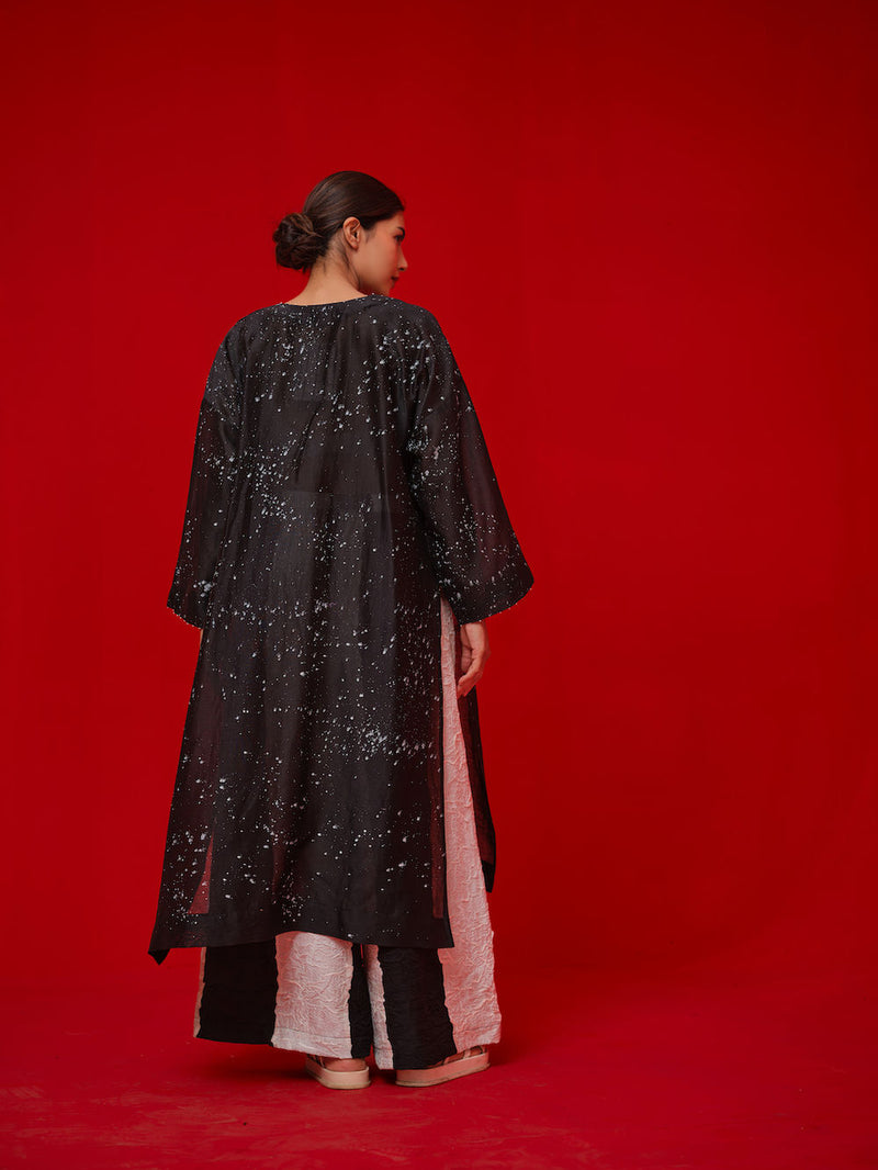 Seek Tunic-Black + Natural silk chanderi tunics/kaftan by Stoique in black, natural for women Worldwide