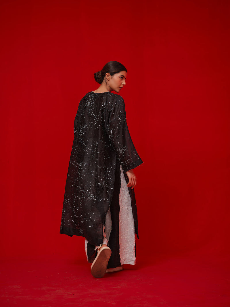 Seek Tunic-Black + Natural silk chanderi tunics/kaftan by Stoique in black, natural for women Worldwide