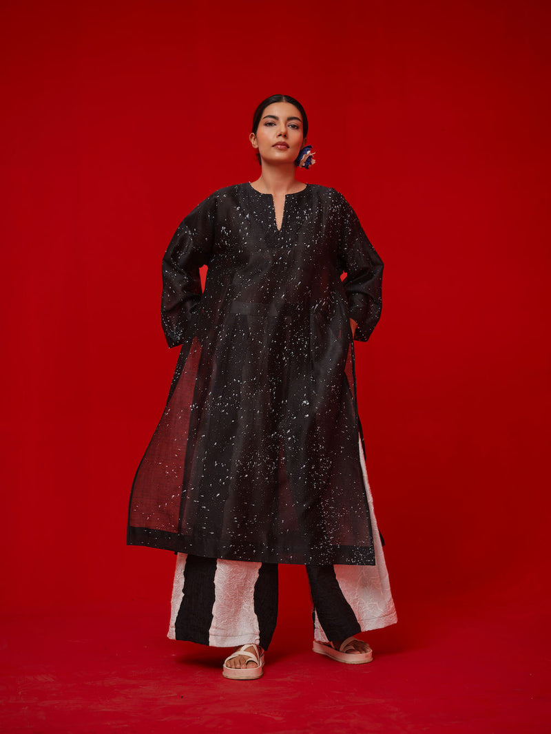 Seek Tunic-Black + Natural silk chanderi tunics/kaftan by Stoique in black, natural for women Worldwide