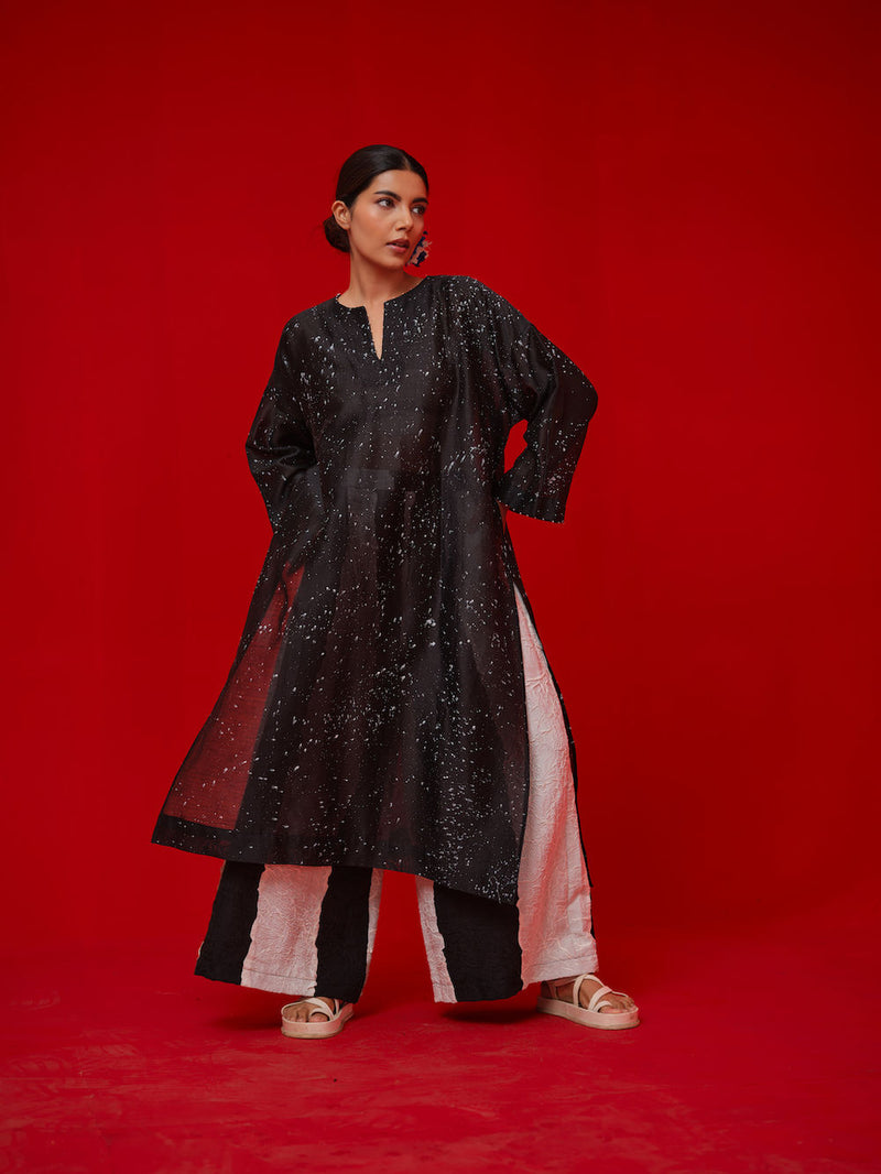 Seek Tunic-Black + Natural silk chanderi tunics/kaftan by Stoique in black, natural for women Worldwide