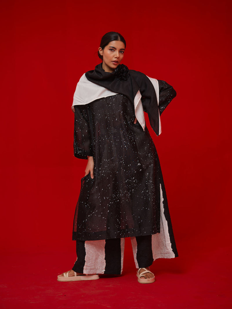 Seek Tunic-Black + Natural silk chanderi tunics/kaftan by Stoique in black, natural for women Worldwide