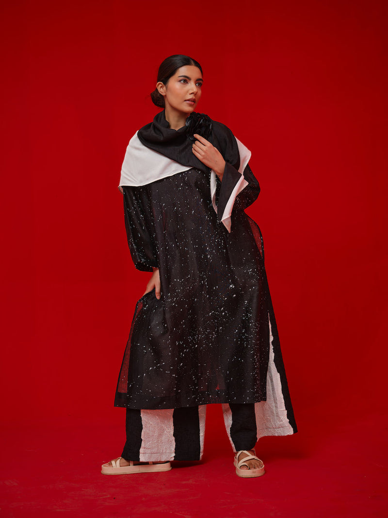 Seek Tunic-Black + Natural silk chanderi tunics/kaftan by Stoique in black, natural for women Worldwide