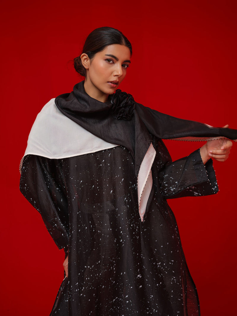 Seek Tunic-Black + Natural silk chanderi tunics/kaftan by Stoique in black, natural for women Worldwide