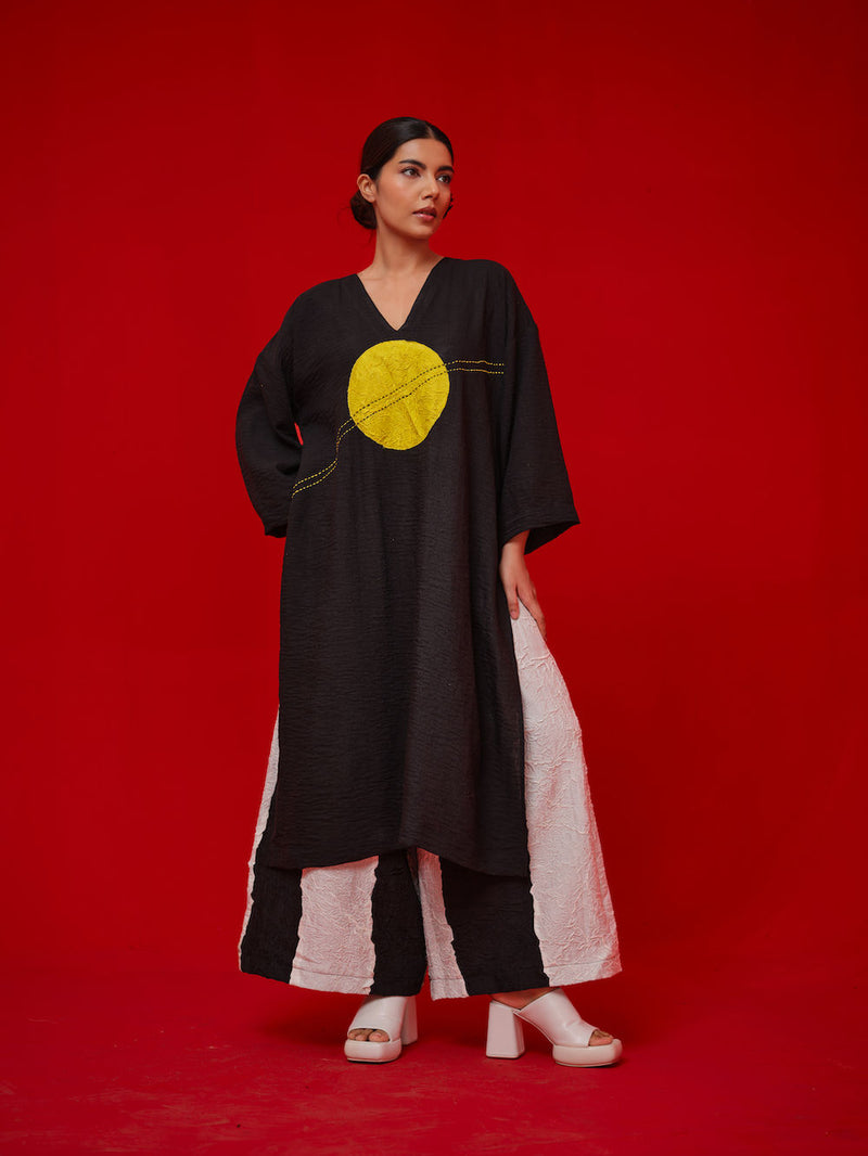 Rock Salt Tunic-Black + Yellow linen tunics/kaftan by Stoique in black, yellow for women Worldwide