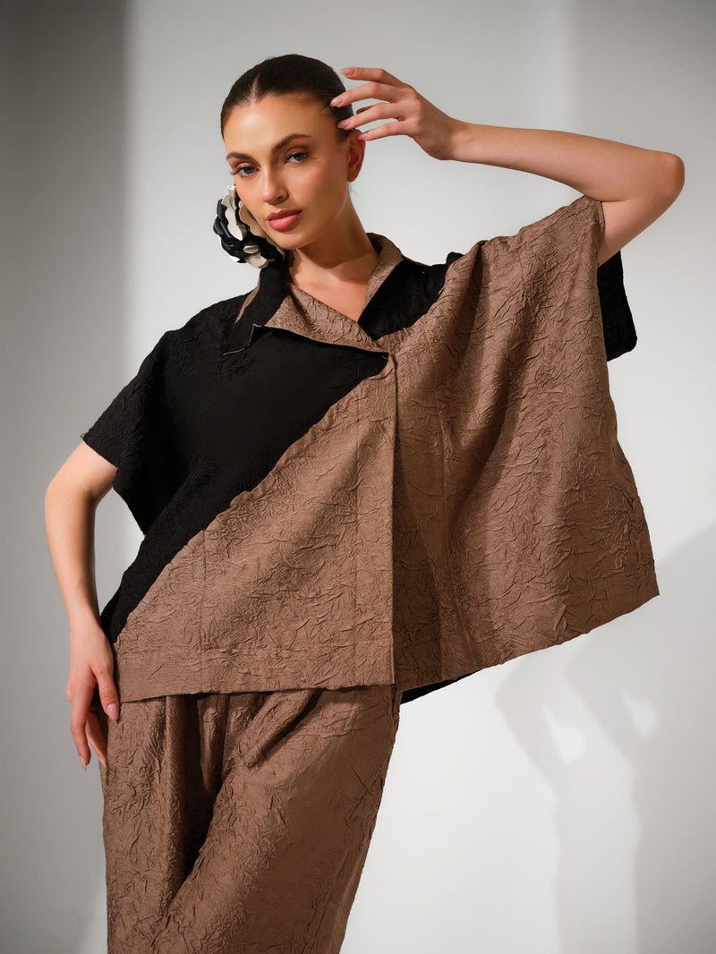 Emerge Overlay-Grey + Black crushed silk jacket/overlay by Stoique in grey, black for women Worldwide