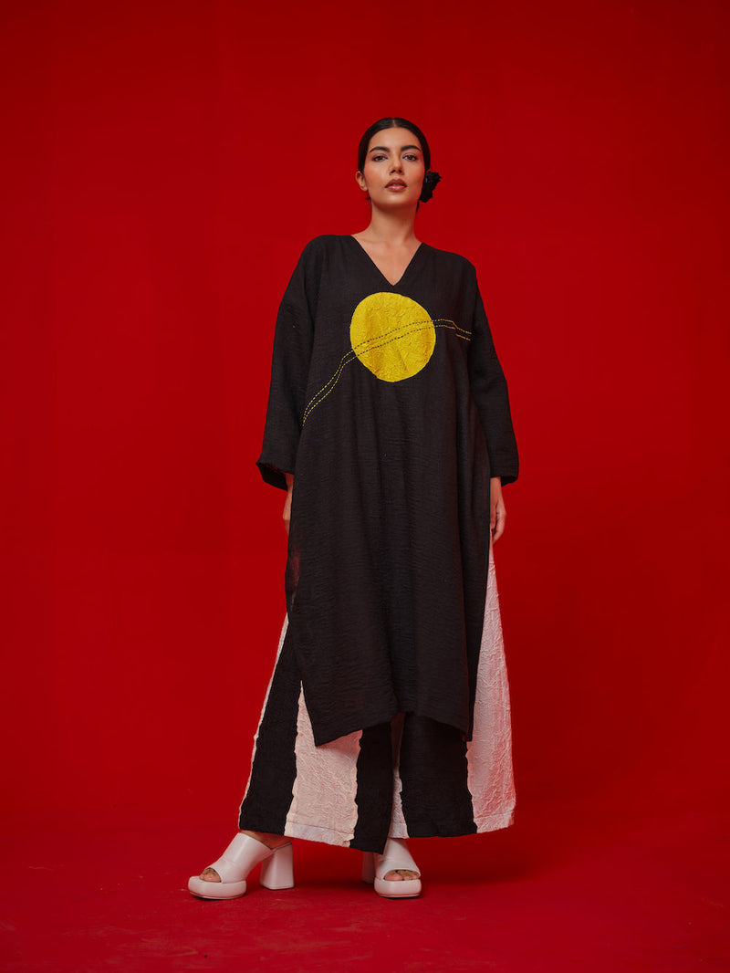 Rock Salt Tunic-Black + Yellow linen tunics/kaftan by Stoique in black, yellow for women Worldwide