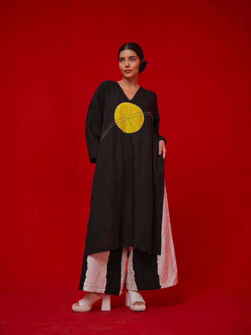 Rock Salt Tunic-Black + Yellow linen tunics/kaftan by Stoique in black, yellow for women Worldwide