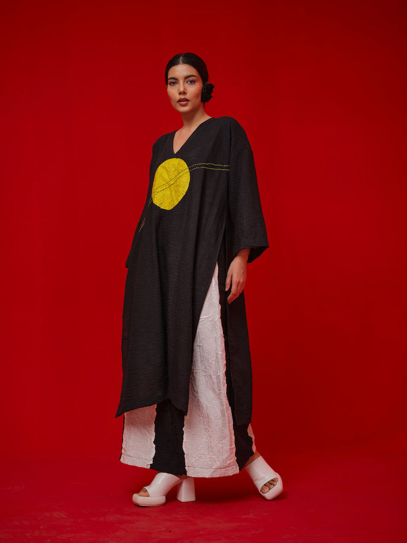 Rock Salt Tunic-Black + Yellow linen tunics/kaftan by Stoique in black, yellow for women Worldwide