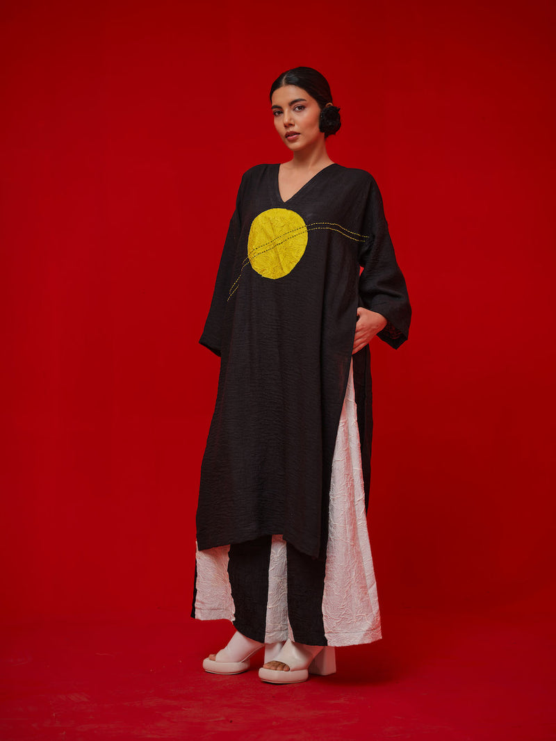 Rock Salt Tunic-Black + Yellow linen tunics/kaftan by Stoique in black, yellow for women Worldwide