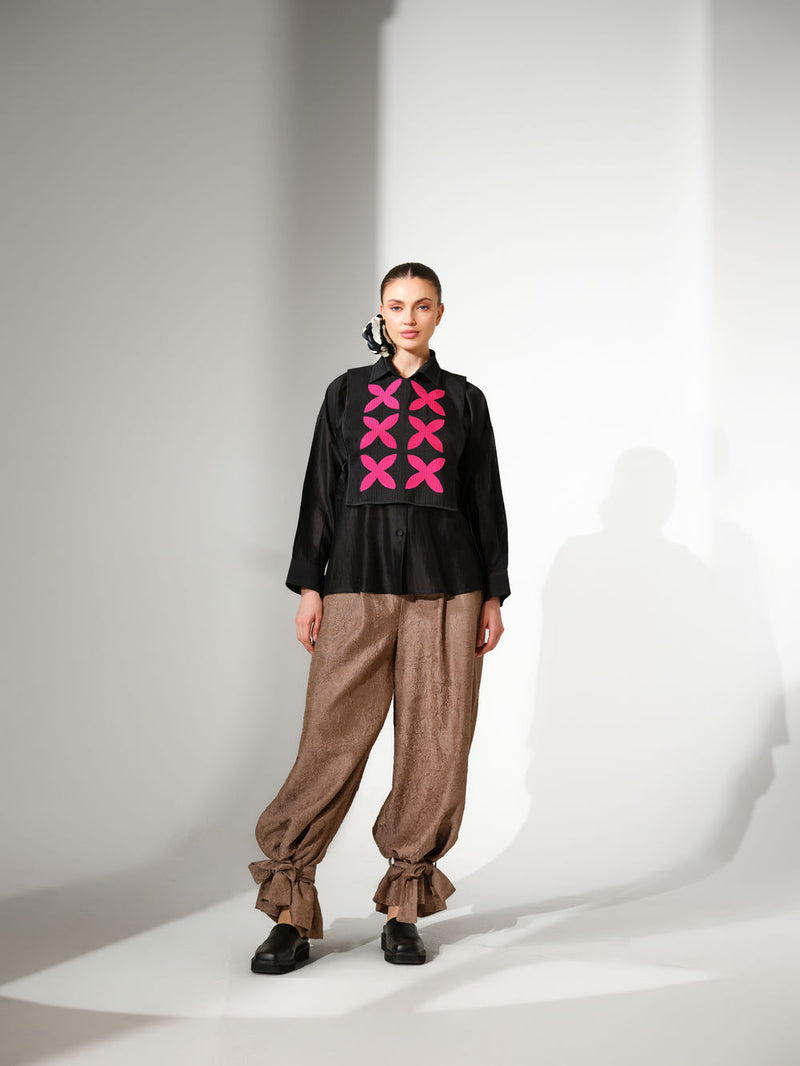 Pebble Shirt-Black + Pink silk chanderi top/shirt by Stoique in black, pink for women Worldwide