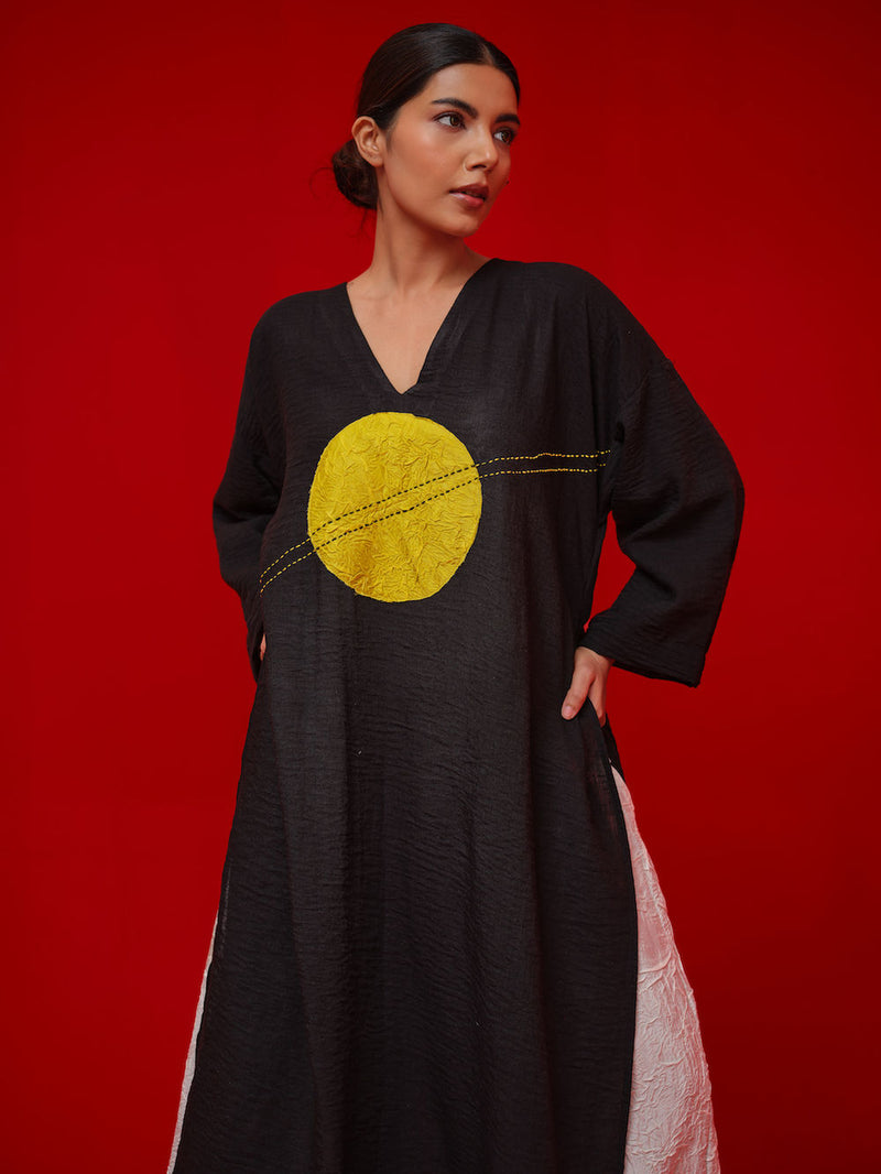 Rock Salt Tunic-Black + Yellow linen tunics/kaftan by Stoique in black, yellow for women Worldwide