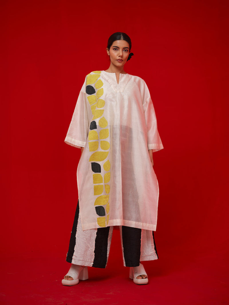 Align Tunic-Ivory + Yellow + Black silk chanderi tunics/kaftan by Stoique in ivory, yellow, black for women Worldwide