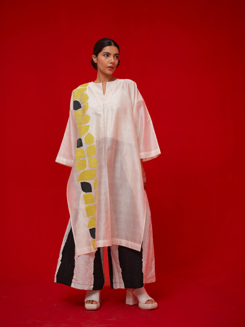 Align Tunic-Ivory + Yellow + Black silk chanderi tunics/kaftan by Stoique in ivory, yellow, black for women Worldwide