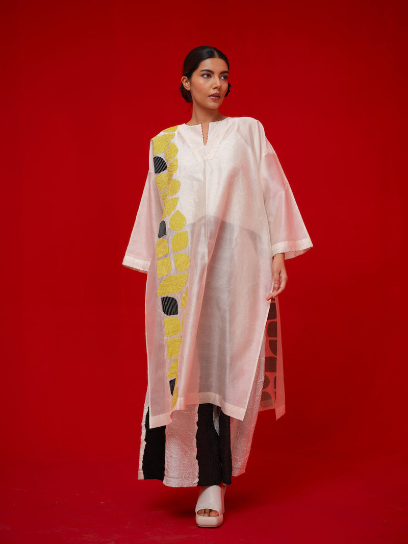 Align Tunic-Ivory + Yellow + Black silk chanderi tunics/kaftan by Stoique in ivory, yellow, black for women Worldwide