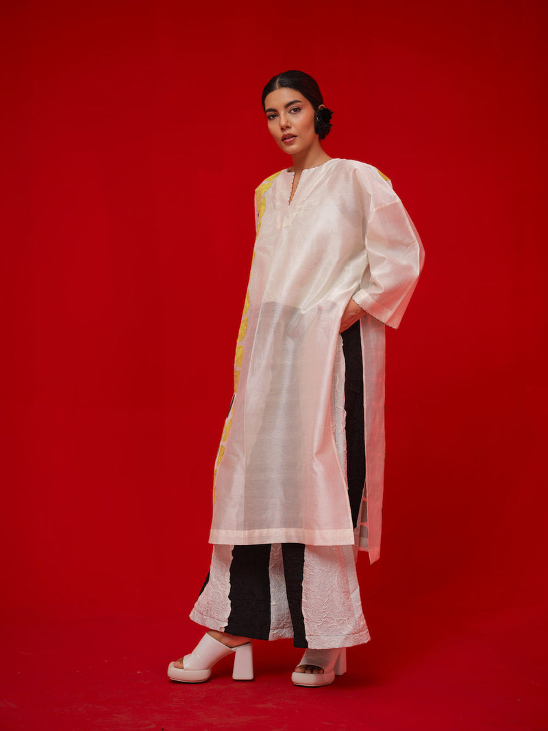 Align Tunic-Ivory + Yellow + Black silk chanderi tunics/kaftan by Stoique in ivory, yellow, black for women Worldwide
