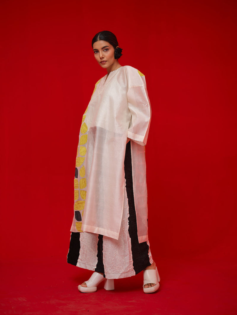 Align Tunic-Ivory + Yellow + Black silk chanderi tunics/kaftan by Stoique in ivory, yellow, black for women Worldwide