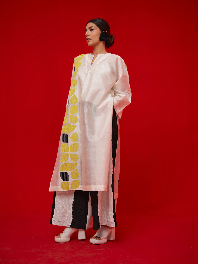 Align Tunic-Ivory + Yellow + Black silk chanderi tunics/kaftan by Stoique in ivory, yellow, black for women Worldwide