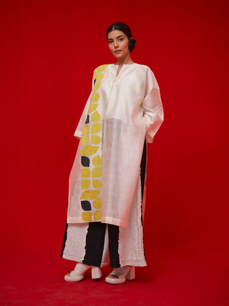 Align Tunic-Ivory + Yellow + Black silk chanderi tunics/kaftan by Stoique in ivory, yellow, black for women Worldwide