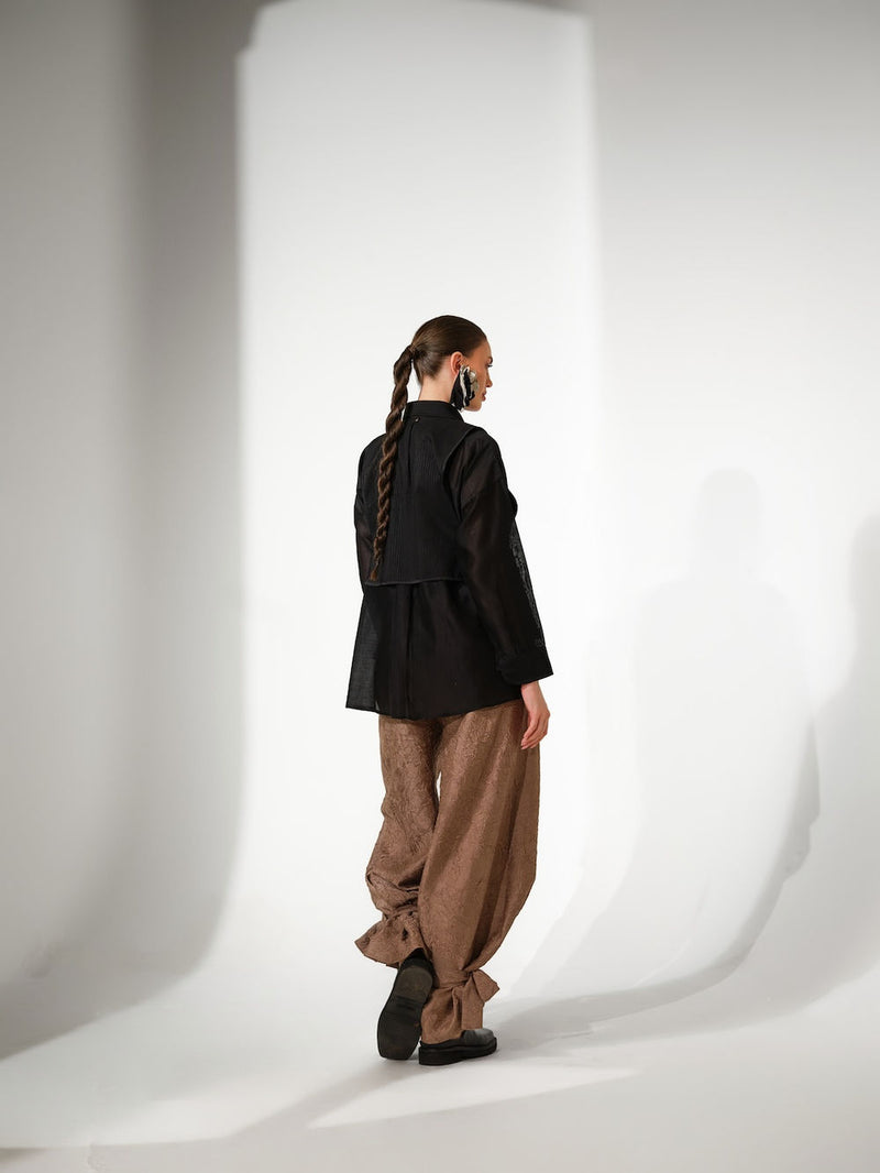 Pebble Shirt-Black + Ochre silk chanderi top/shirt by Stoique in black, ochre for women Worldwide