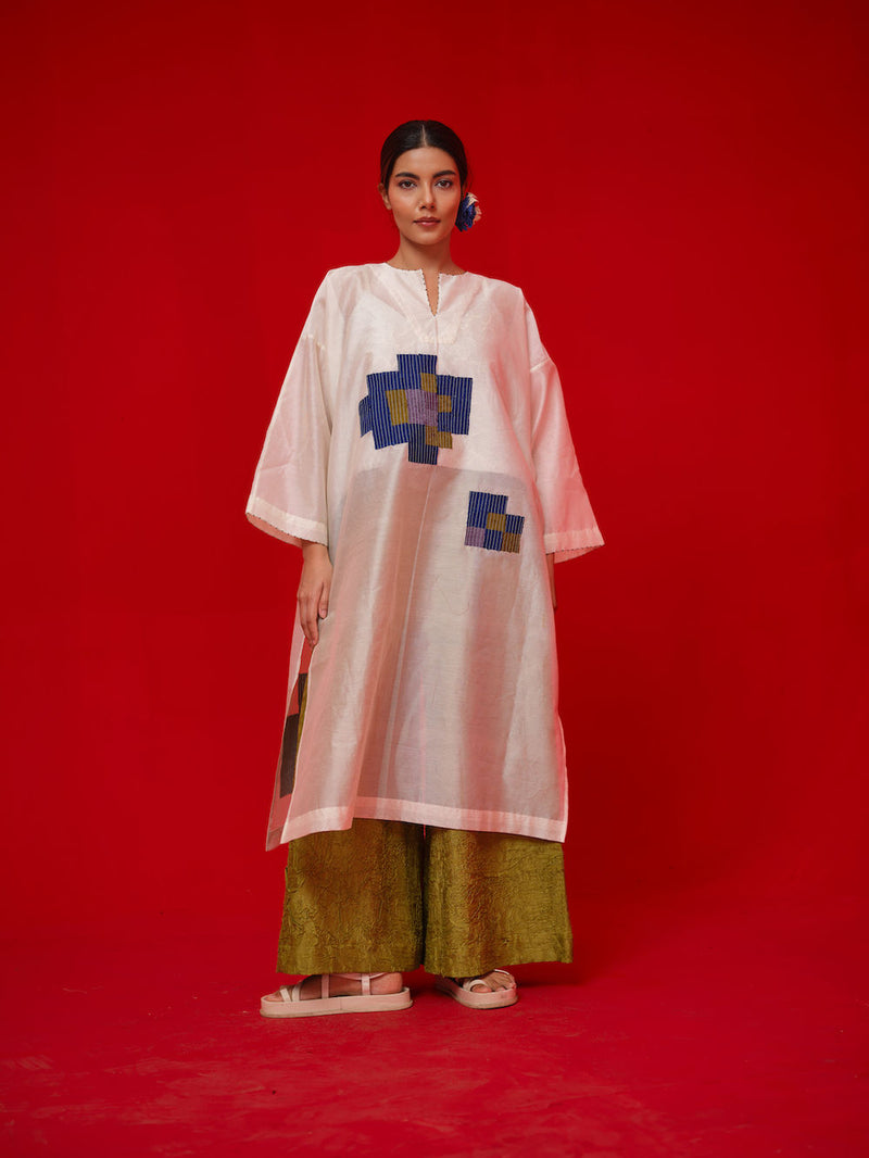 Grace Tunic-Ivory + Blue + Green + Grey silk chanderi tunics/kaftan by Stoique in ivory, blue, green, grey for women Worldwide