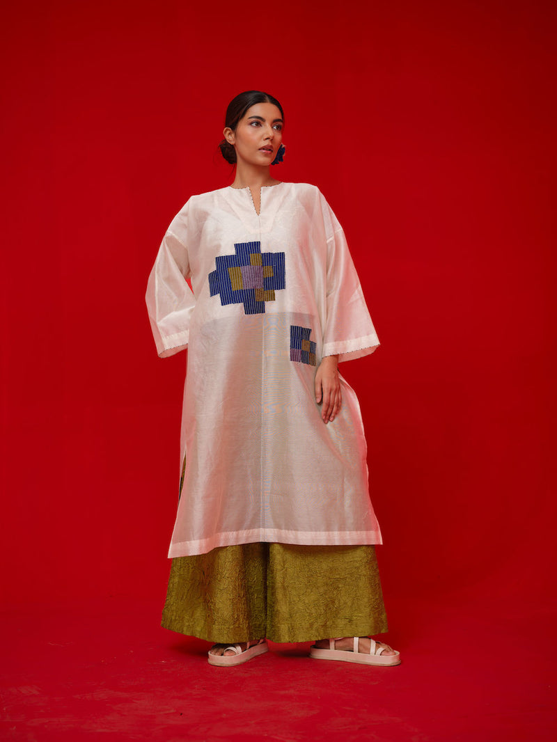 Grace Tunic-Ivory + Blue + Green + Grey silk chanderi tunics/kaftan by Stoique in ivory, blue, green, grey for women Worldwide