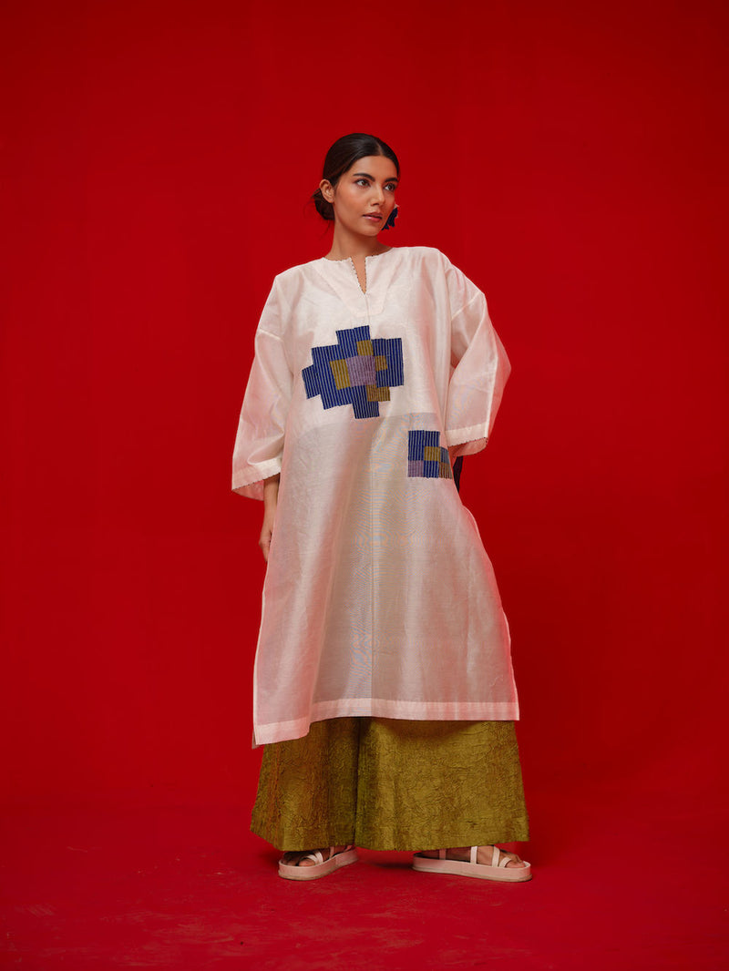 Grace Tunic-Ivory + Blue + Green + Grey silk chanderi tunics/kaftan by Stoique in ivory, blue, green, grey for women Worldwide