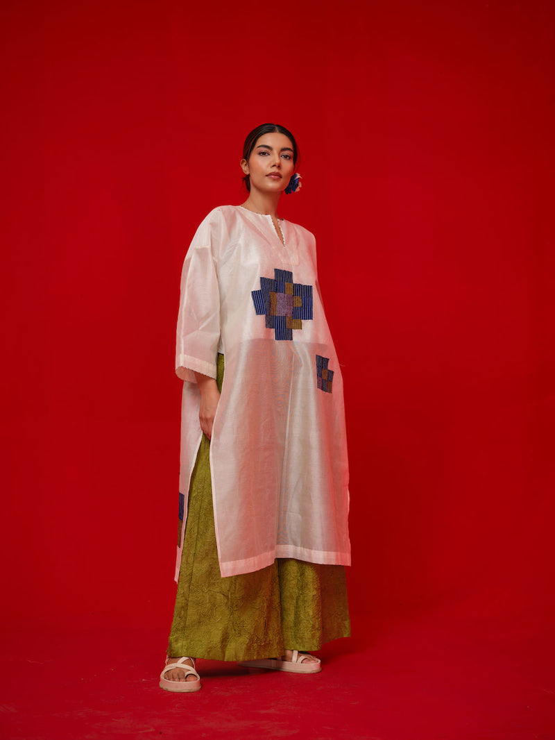 Grace Tunic-Ivory + Blue + Green + Grey silk chanderi tunics/kaftan by Stoique in ivory, blue, green, grey for women Worldwide