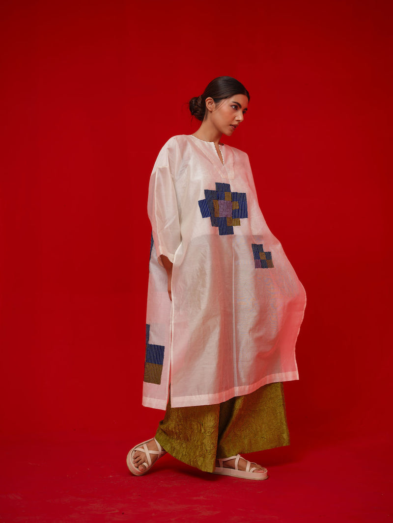 Grace Tunic-Ivory + Blue + Green + Grey silk chanderi tunics/kaftan by Stoique in ivory, blue, green, grey for women Worldwide