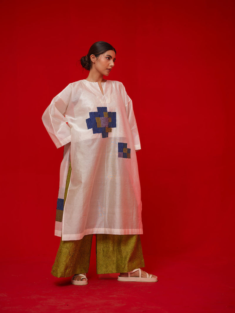 Grace Tunic-Ivory + Blue + Green + Grey silk chanderi tunics/kaftan by Stoique in ivory, blue, green, grey for women Worldwide