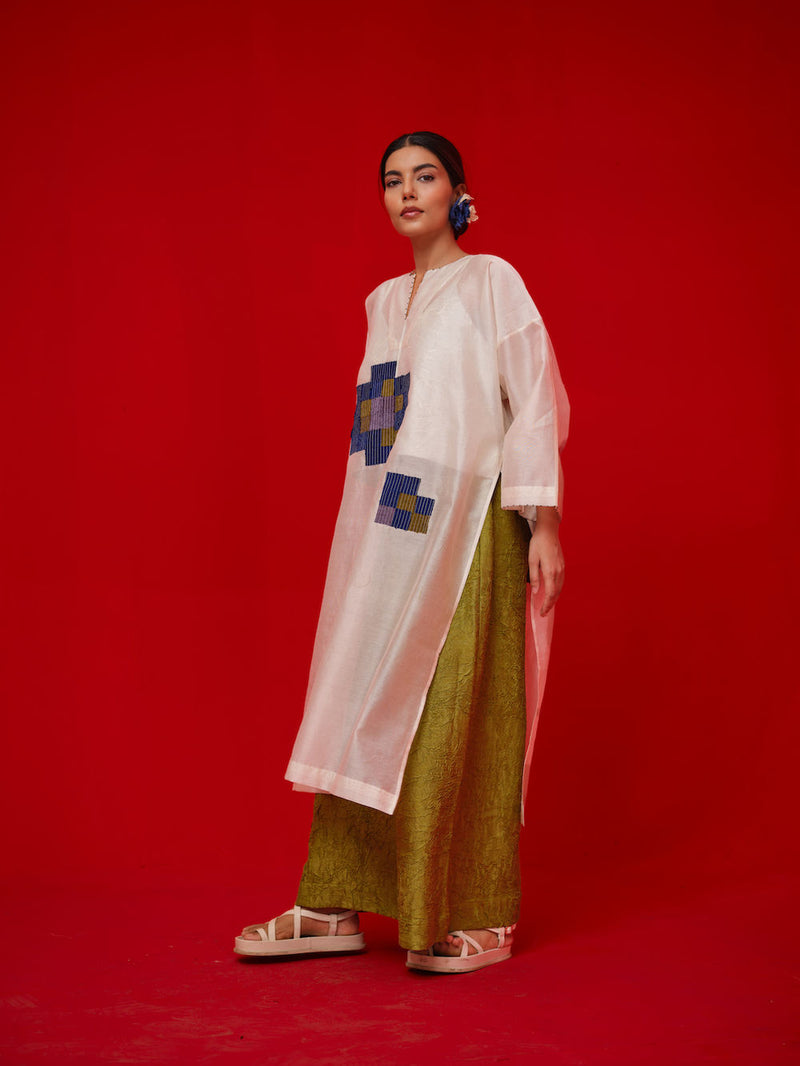 Grace Tunic-Ivory + Blue + Green + Grey silk chanderi tunics/kaftan by Stoique in ivory, blue, green, grey for women Worldwide