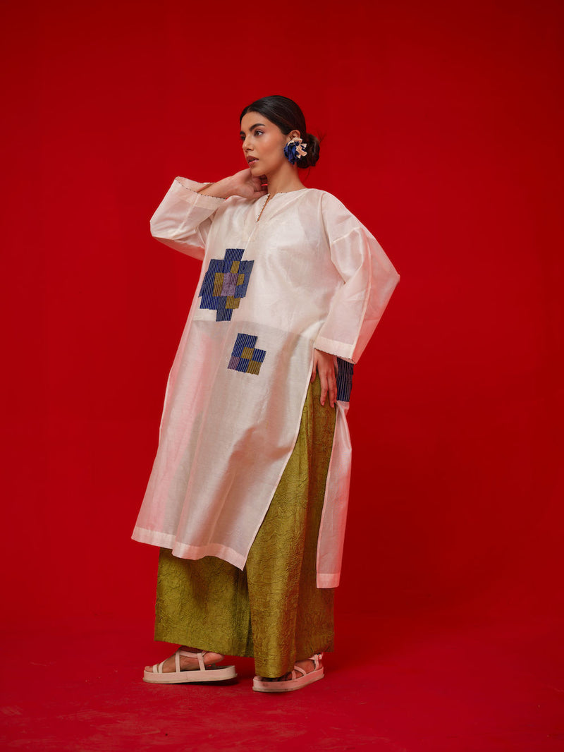 Grace Tunic-Ivory + Blue + Green + Grey silk chanderi tunics/kaftan by Stoique in ivory, blue, green, grey for women Worldwide