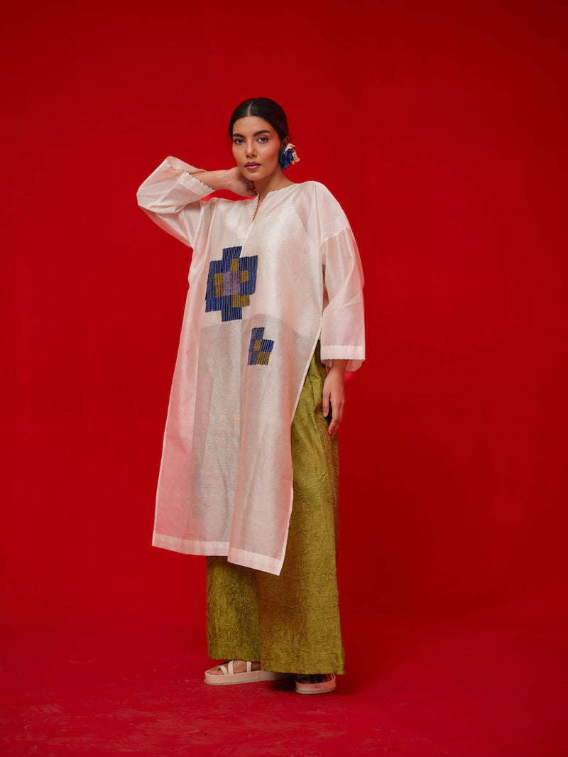 Grace Tunic-Ivory + Blue + Green + Grey silk chanderi tunics/kaftan by Stoique in ivory, blue, green, grey for women Worldwide