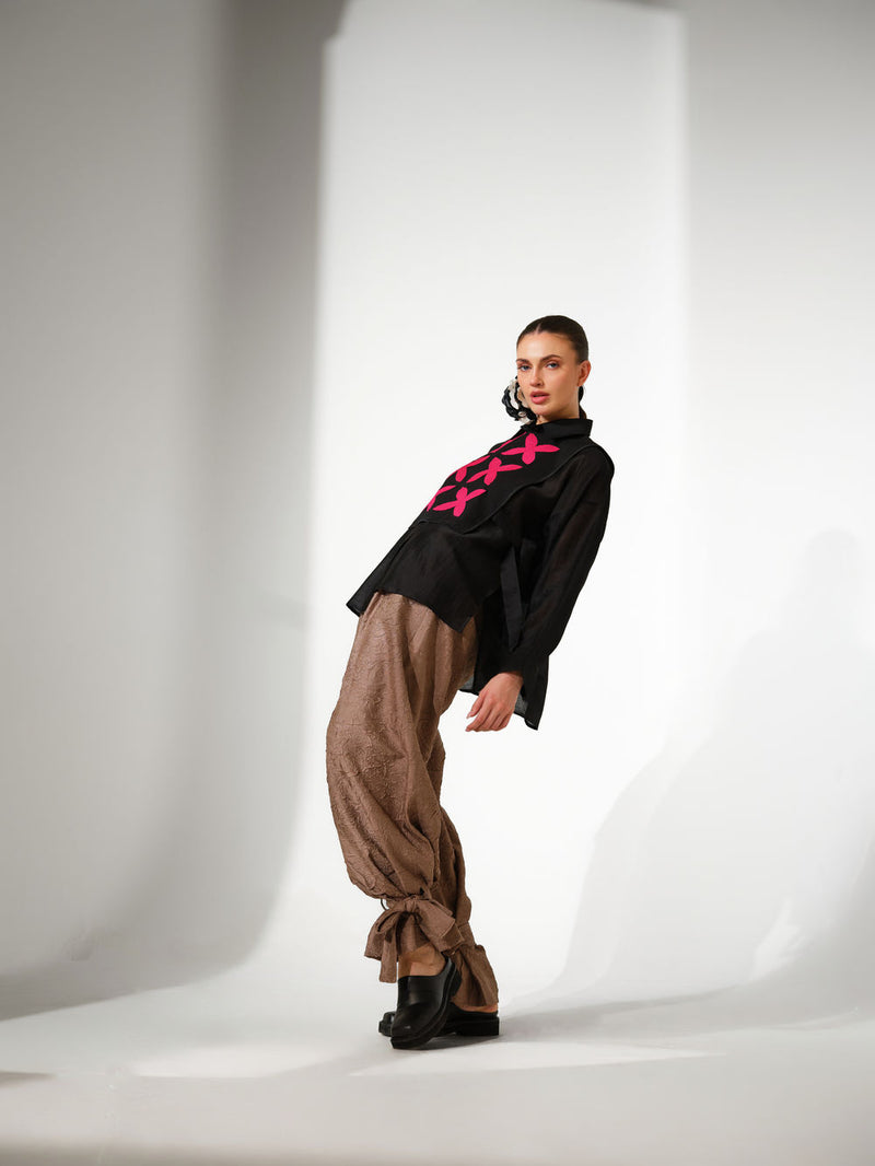 Pebble Shirt-Black + Pink silk chanderi top/shirt by Stoique in black, pink for women Worldwide