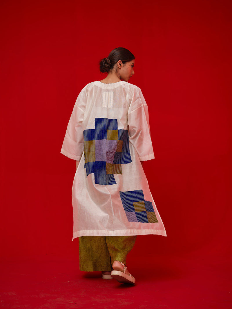 Grace Tunic-Ivory + Blue + Green + Grey silk chanderi tunics/kaftan by Stoique in ivory, blue, green, grey for women Worldwide