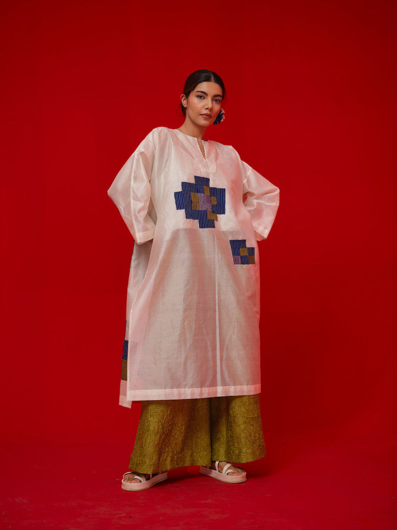 Grace Tunic-Ivory + Blue + Green + Grey silk chanderi tunics/kaftan by Stoique in ivory, blue, green, grey for women Worldwide