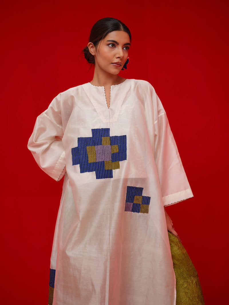 Grace Tunic-Ivory + Blue + Green + Grey silk chanderi tunics/kaftan by Stoique in ivory, blue, green, grey for women Worldwide