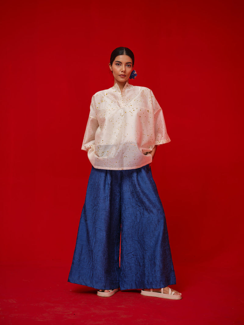 Wander Top-Ivory + Mustard silk chanderi top/shirt by Stoique in ivory, mustard for women Worldwide