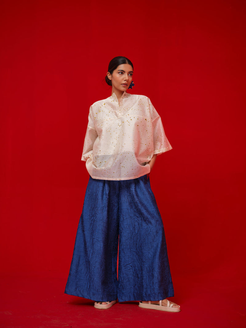 Wander Top-Ivory + Mustard silk chanderi top/shirt by Stoique in ivory, mustard for women Worldwide